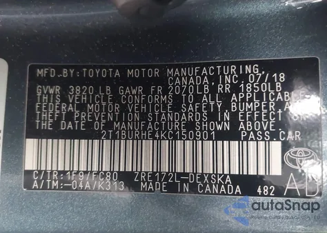 2019 Toyota Corolla Se из США, поврежденный, VIN 2T1BURHE4KC150901